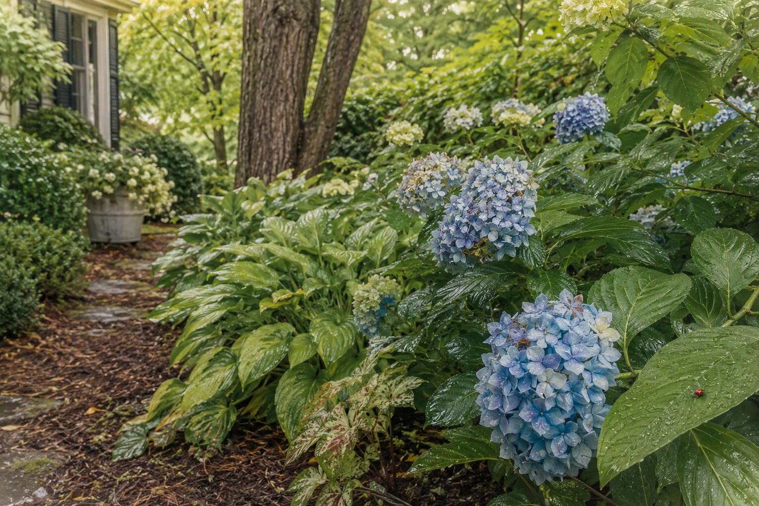 Fern-lined garden path with blue hydrangeas