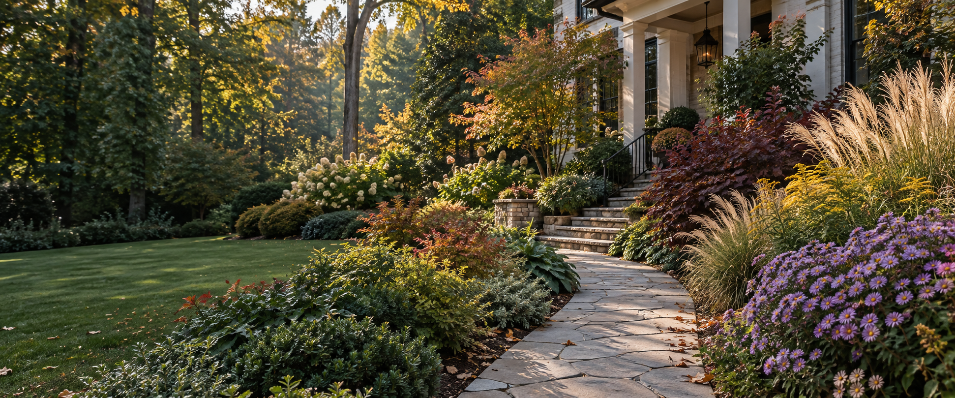 Early fall Georgia garden with asters, ornamental grasses, burgundy foliage, and a curving stone path